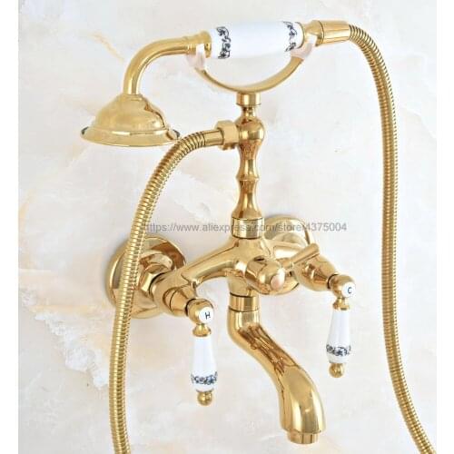 Bathtub Faucets Gold Color Brass Shower Faucets Dual Handle Wall Mounted Bath And Shower Faucet With Handheld Showers Nna818