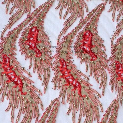 High quality red/blue with gold metallic pearls stones on netting embroidered eveing/show dress lace fabric by yard
