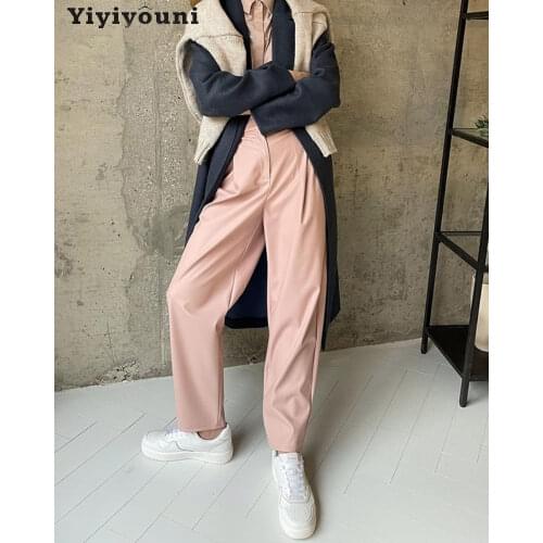 Yiyiyouni Autumn Winter Fleece Loose Leather Trousers Women High Waist Zipper Fly Casual Pink PU Leather Pants Female 2021 New