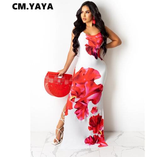 CM.YAYA Women Dress Floral Print Sleeveless Strap Backless Loose Split Maxi Long Dresses Fashion Vintage Vestidos Summer Outfits