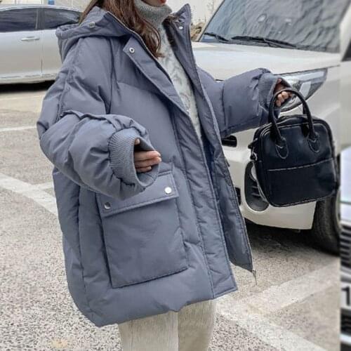 Winter Coat Women Jacket 2021 New Casual Big Pocket Fashion Color Short Bread Clothes Warm Hooded Solid Loose Bubble Coat