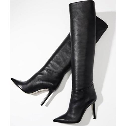 Winter Leather Boots Women Sexy High Heel Thin Stiletto Knee High Boots Pointed Toe Clear Design Classic Match Everything Shoes