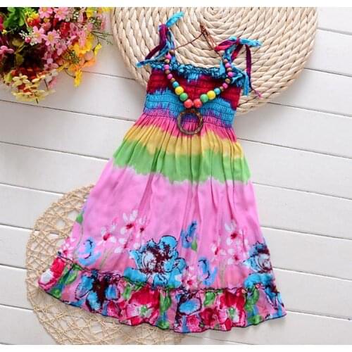 2pc/lot New Cute colorful beach dress 5-8years childrens old summer lovely bohemian dress with free necklace OT030