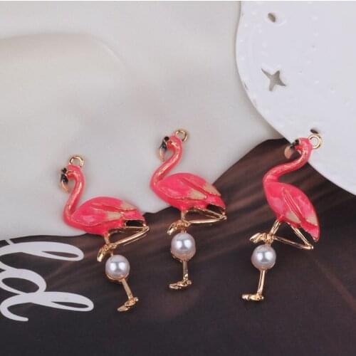 6pcs Big Size Flamingo With Pearl Alloy Enamel Charms Ins Bird Pendants Fit DIY Decoration Keyring Jewelry Handmade Making FX019