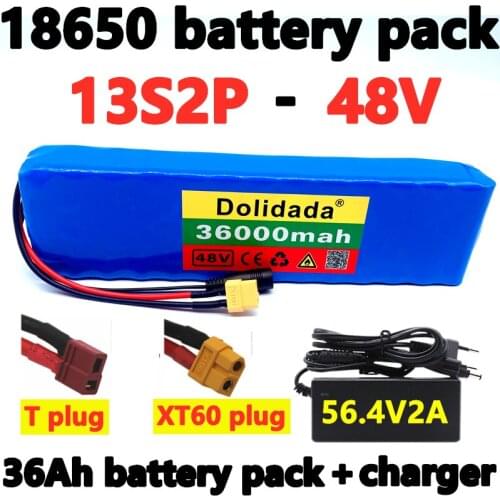 E-bike battery 48v 36Ah 18650 lithium ion battery pack 13S2P bike conversion kit bafang 1000w and 54.6V 2A Charger + XT60/T Plug