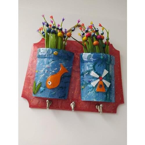 Decorative Hook Fused Glass Red Hause Key Holder with Evil Eye Turkish Pendant Wall Decor Amulet Handmade Glass Pendant