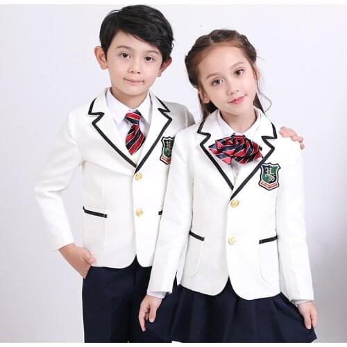 Kindergarten garden Spring and Autumn British style white school suit for boys and girls high quality and thick school uniform