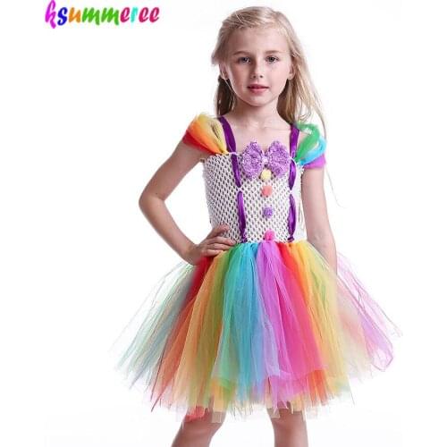 New Girls Circus Beguilement Clown Tutu Dress with Bow Children Handmade Rainbow TUTU Clothing Kids Cosplay Halloween Gift Dress