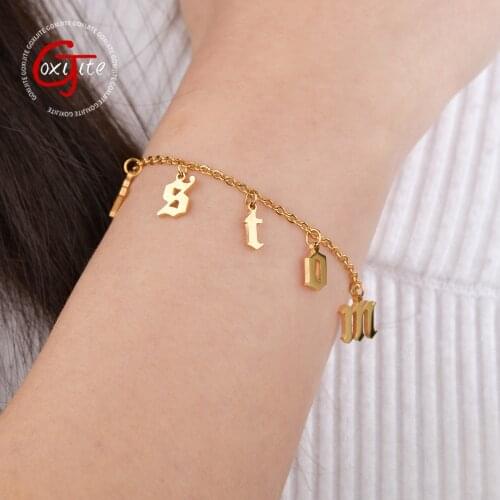 Goxijite Customized Dangled Initial Name Bracelet Personalized Stainless Steel Name Letter Number Bracelets Best Jewellry Gift