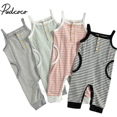 Infant Newborn Baby Stripe Print Jumpsuit, Toddler Boy Girl O-neck Sleeveless Sling and Long Pants Pocket Romper