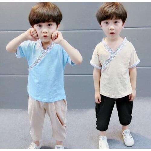 Childrens short sleeve suit summer boy short sleeve + medium trousers vintage cotton and linen tang sets