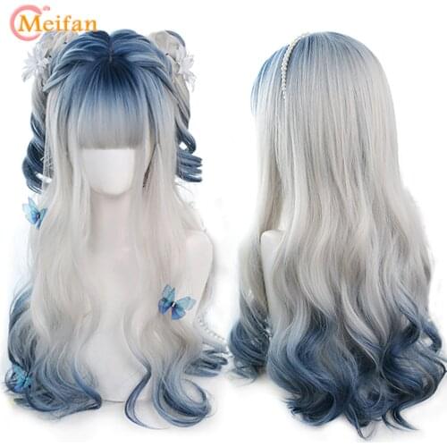 MEIFAN Long Ombre Colorful Synthetic Cosplay Lolita Harajuku Wig With Bangs Natural Wavy Wigs Pink Purple Blue Daily Wigs