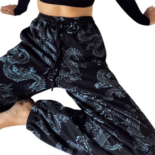 Fashion Women Casual Pants Dragon Print High Waist Lady Loose Wide Leg Long Pants Trousers pantalon femme брюки женские 2021