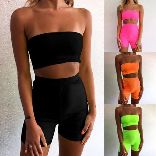 Fashion Womens Strapless Crop Top Shorts Jumpsuit Summer Set Outfits Two-Piece Sports Sets