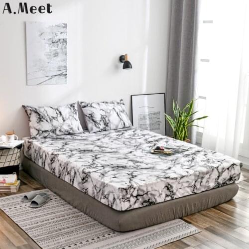 Marble Pattern Printed Fitted Sheet Bed Mattress Cover Four Corners Single Queen Size White Black Pink and 2 pcs Pillowcase Sets