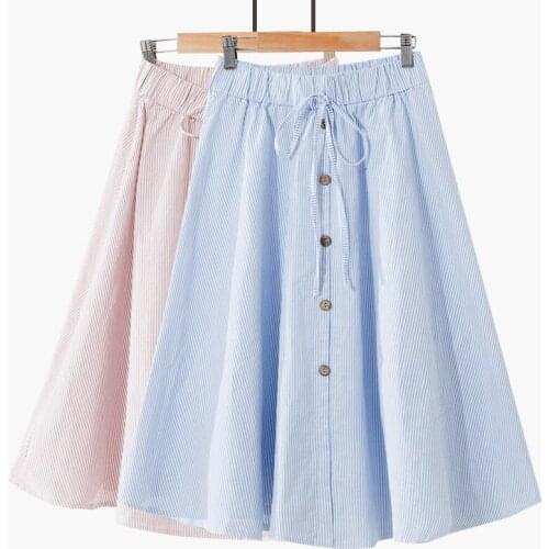 New 4 Colors Striped Skirts Womens High Waist Casual A Line Kee Length Long Skirt Buttons Ruffles Lace Up Pink Skirt Fashion