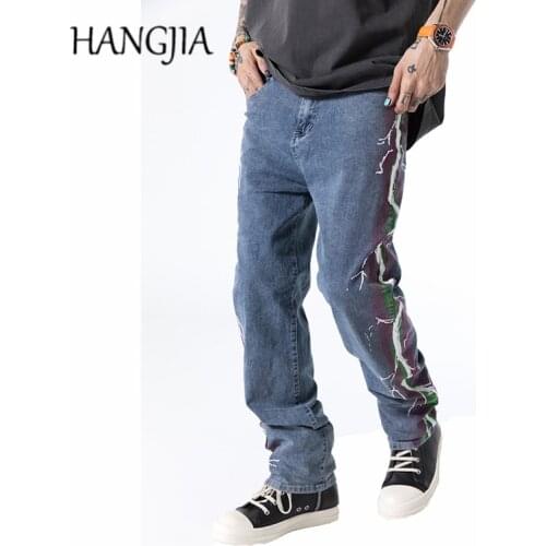 Original Lightning Printed Jeans Mens Womens Hip Hop Graffiti Straight-leg Jeans Vintage Streetwear Fashionable Denim Pants