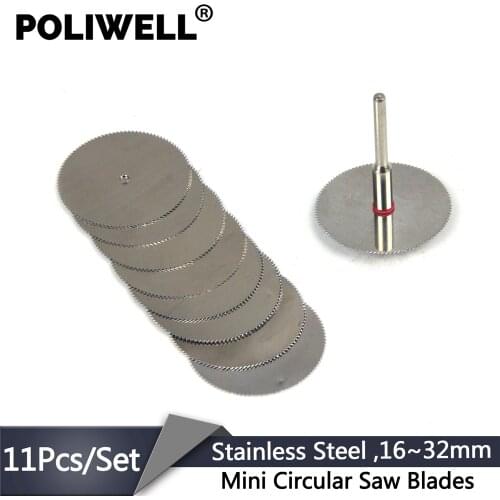 POLIWELL 16mm~32mm Stainless Steel Mini Circular Saw Blade Set 3mm Fixed Rod Plastic Wheel Cutting Disc for Dremel Rotary Tool