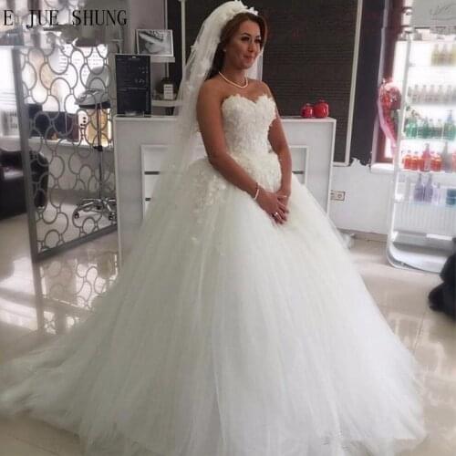 E JUE SHUNG Luxury Bling Ball Gown Wedding Dresses Sweetheart Lace Appliques Beaded Tulle Bridal Gowns vestido de novia