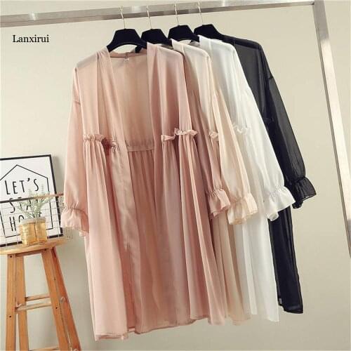 Chiffon Long Kimono Cardigan Womens Shirt Blouse Spring Pleated Solid Falre Sleeve Blusas 2020 Summer See Through Shirts