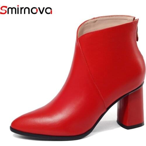 Smirnova NEW arrival 2018 thick high heels boots red black cow leather ankle boots for women pointed toe dress female shoes