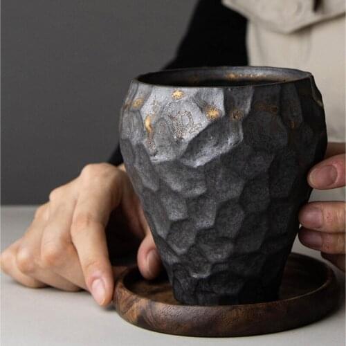 14oz Unique Pottery Coffee Mug Black Glaze Ceramic Tea Cup Handmade Craft Vintage Kitchen Home Office Decor Gifts For Father Men