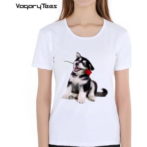 Newest Valentine Women t-shirt Cute Valentine Rose Mini Husky&Russell Terrier T-Shirt casual Tops hipster short sleeve