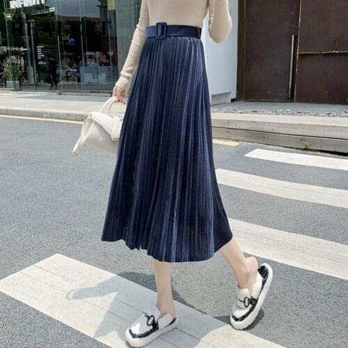 REALEFT High Waist Velvet Women Pleated Skirts 2021 New Autumn Winter Vintage Solid Belted Midi Skirts Fashion Saia Mujer Faldas