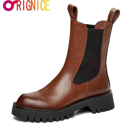 Orignice New Autumn Winter Chelsea Ankle Boots Ladies High Quality Leather Women Thick Bottom Solid Color Slip On Wild Shoes