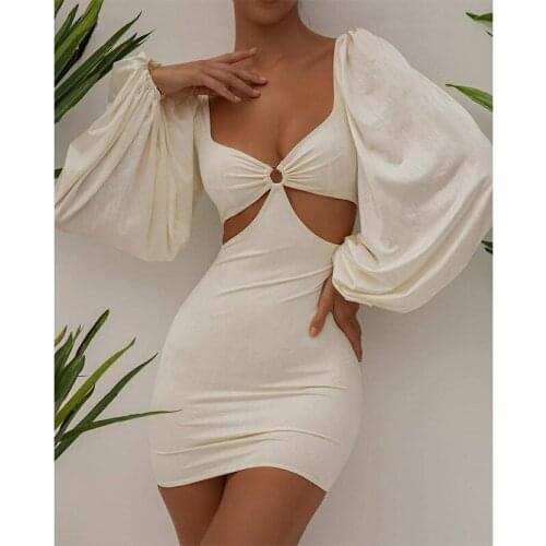 Women Sexy Sheath Dres Solid Color V-neck Long Sleeve Cutout 1 piece (Green, White)