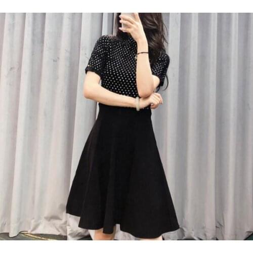 Bling Diamonds Beading Black Knitted Dress Autumn Winter Short Sleeve Party Luxury Fit Flare Robe Vestido Fiesta
