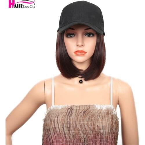 12Inch Short Bob Wig With Baseball Cap Straight Hair Synthetic Hat Wig For Women Heat Resistant Female Wig Brown Hair Expo City