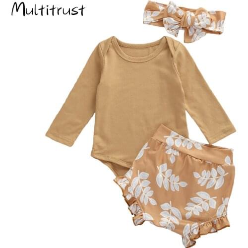 Multitrust Newborn Baby Girls 3pcs Set Long Sleeve Bodysuits Floral Print Shorts Headwear Set Baby Girls Summer Outfits