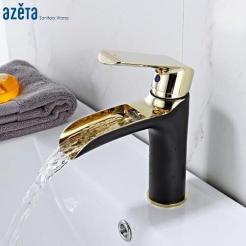 Azeta Basin Faucets Black Waterfall Bathroom Basin Faucet Deck Mounted Basin Mixer Tap Single Handle Basin Water Tap AT6806BG