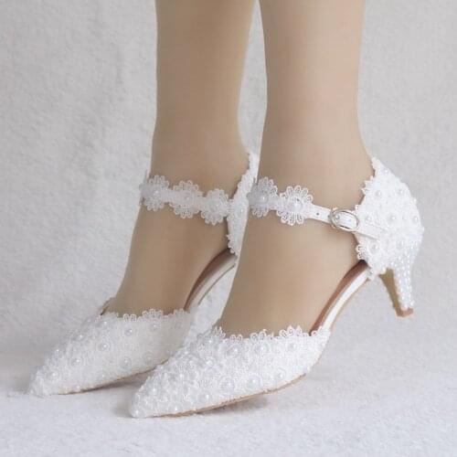 White lace pointed sandals Wedding Shoes Fashion Shoes Woman Ankle Strap Party Dress Sandals Open Toe High Heels Pumps Female