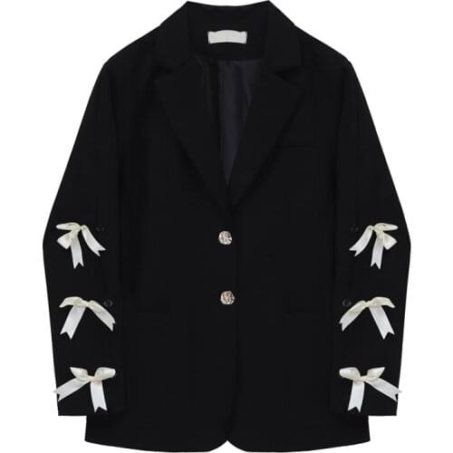 Black Blazer Spring Autumn 2021 Korean Women Single-breasted Turndown Collar Long Sleeve Bow Casual Suit Jacket Jaqueta Feminina