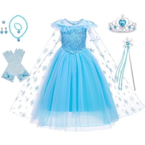 Kids Girls Elsa Dress with Cloak Summer Sequins Swing Snow Print Party Princess Costume Children Girl Halloween Fancy Costume
