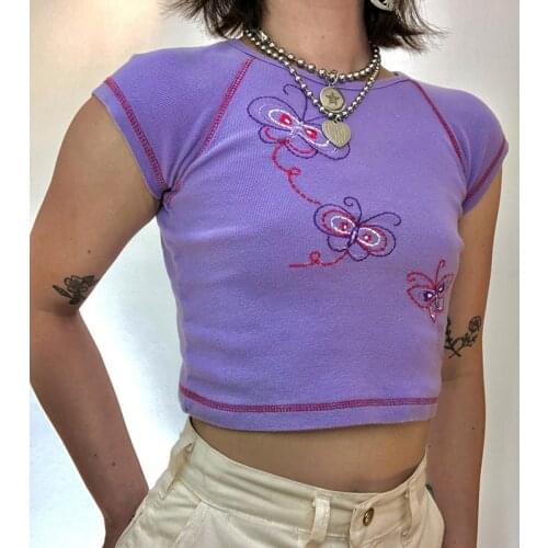 Y2K Butterfly Embroidery Baby Tees O-neck Short Sleeve Purple T-shirts Kawaii Women Crop Tops 90s Vintage Aesthetic Streetwear