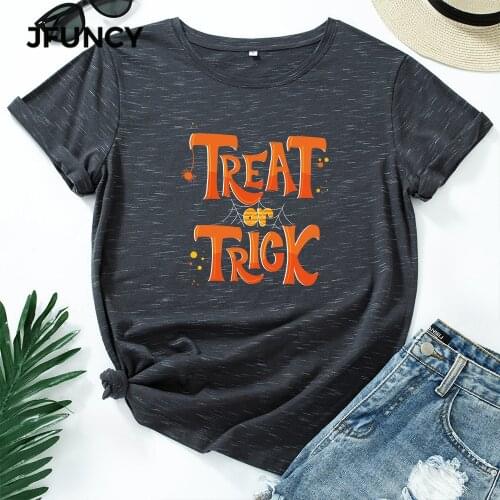 JFUNCY Plus Size 5XL Women Summer T-shirt Halloween Letters Print Tees Short Sleeve Woman Tshirt 100%cotton Female Tops