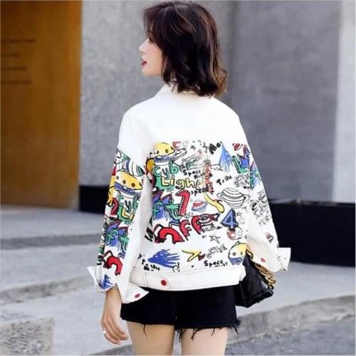 New Print Womens Denim Jacket 2021 Autumn Jean Coat Female Short Casual Lady Jackets Outerwear White
