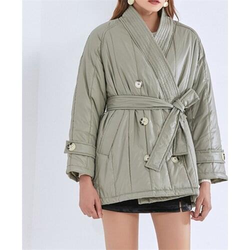 Cotton jacket womens mid-model autumn and winter new style temperament fashion V-neck wide-band womens loose cotton jacket