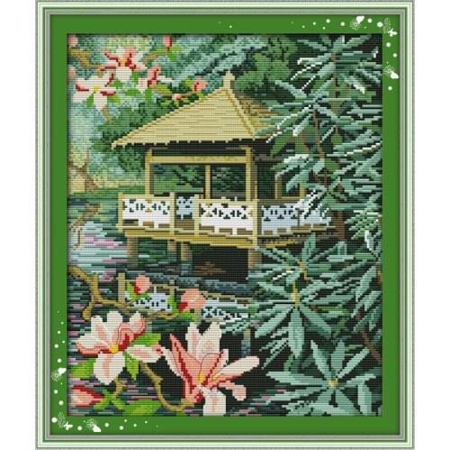 Pavilion With Flowers Scenery Counted Cross-Stitching 11CT Printed 14CT Handmade Set Cross-stitch Kits Embroidery Needlework