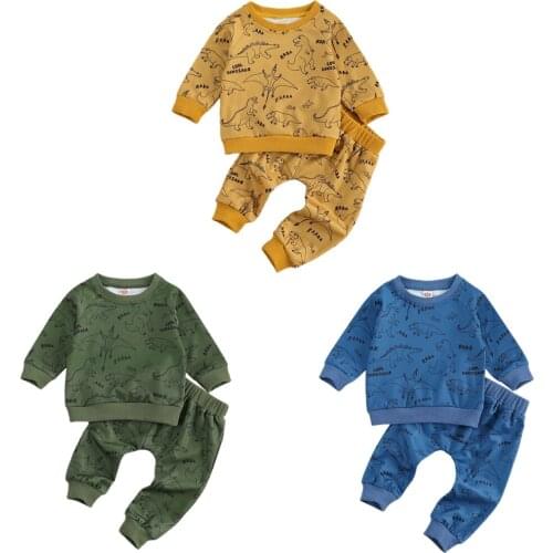 Toddler Baby Boys 2 Pcs Clothes, Cartoon Dinosaur Round Neck Long Sleeve Sweatshirts + Long Pants Sets Spring Autumn