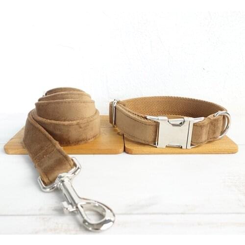 Personalized Brown Velvet Dog Collar Leash With Bow Tie Set Nylon Free Engraved Nameplate For Small Medium Large Dogs