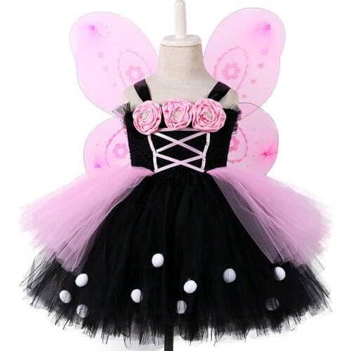 Pink Butterfly Tutu Dress for Girls Halloween Christmas Birthday Party Clothes Kid Flower Fluffy Fairy Costume Outfits with Wing