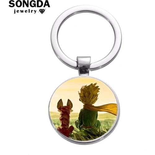 SONGDA Classic Anime The Little Prince Keychain Silver Plated Glass Dome Key Chain Bag Charm Fairy Tale Keyring Holder Kids Gift