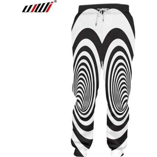 UJWI Mens New Trend Dizzy Stripes Sweatpants 3D Printed Creative Black White Stitching Vortex Clothing Man Spandex Pants