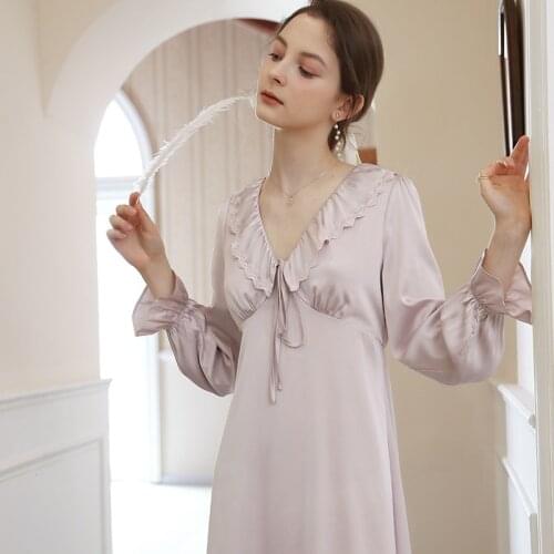Vintage Satin Nightgowns Women Autumn Ice Silk Long Slim Night Dress Victorian Romantic Princess Sleepwear Elegant Ladies Nighty