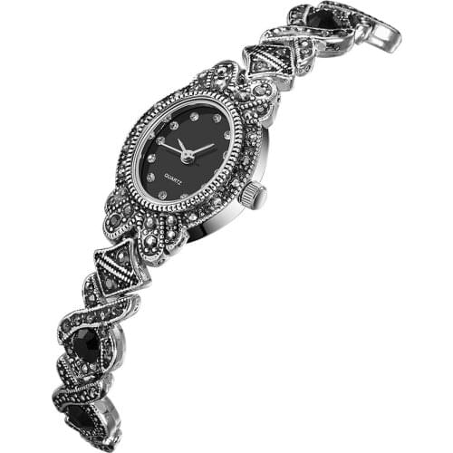 Vintage Women Rhinestone Quartz Watch Carved Alloy Band Bracelet Wristwatch Retro Crystal Clocks Gifts LL@17