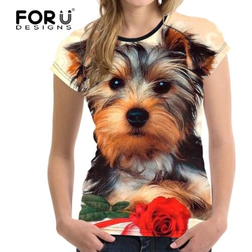 FORUDESIGNS Funny 3D Dog Yorkshire Terrier Print Women Fashion T Shirt Tops Brand Clothes O Neck Casual Breath Woman Shirt Tees